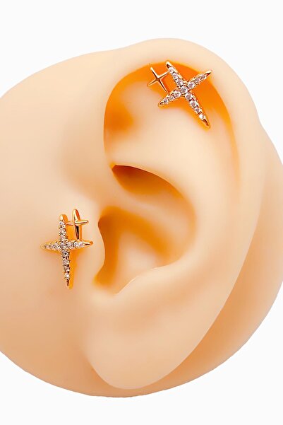 Trinos Cerrrahi Çelik Zirkon Taşlı Çift Haç Tragus Helix Piercing (1adet)