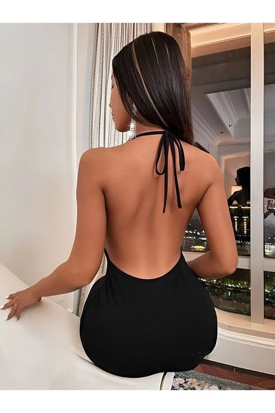 sportiness Women's Black Backless Halter Neck Mini Dress - Night & Cocktail & Event Dress