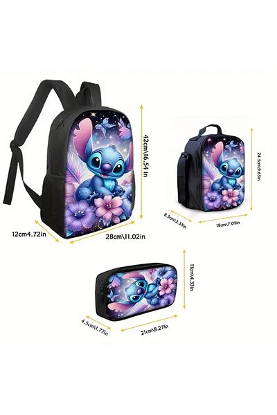 BABUN Set ghiozdan Stitch 3 piese Set pentru fete cu flori și fluturi