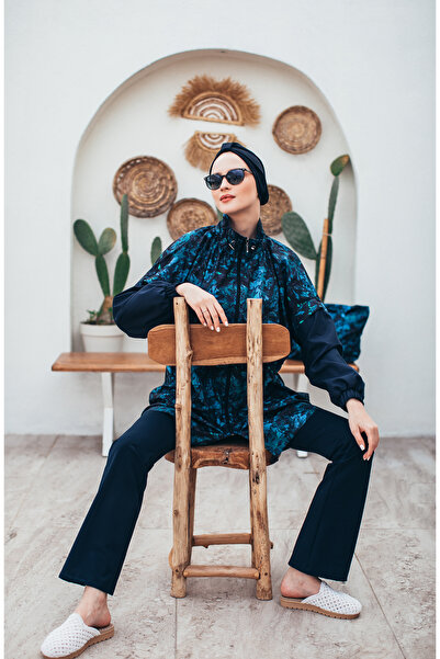 MASSMİZO Ocean Blue Kadın Kısa Desenli Fermuarlı Tam Kapalı Tesettür Mayo 3'lu Set