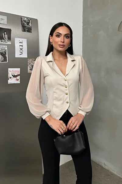 msm fashion Women's Shirt Buttoned Long Tulle Sleeve Jacket Lapel Waist Fitted Shirt