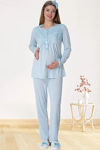 BEYVİP Set de pijamale de maternitate pentru maternitate, albastru, cu design special, din dantela, 3 piese