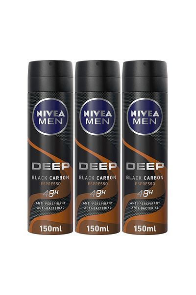 NIVEA MEN DEEP Black Carbon Espresso, Antiperspirant for Men, Antibacterial, Spray 150ml, Pack of 3