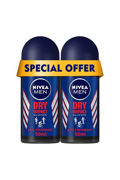 NIVEA MEN Dry Impact, Antiperspirant for Men, Roll-on 50ml, Pack of 2