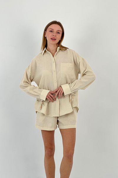 Miss Poem Women's Summer Oversize Shirt Mini Shorts Bottom Top Beige Two Piece Set