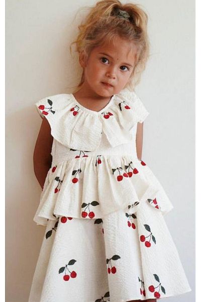 Lolliboomkids Girl's Cotton Ecru Cherry Patterned Layered Dress - Ruffled Design