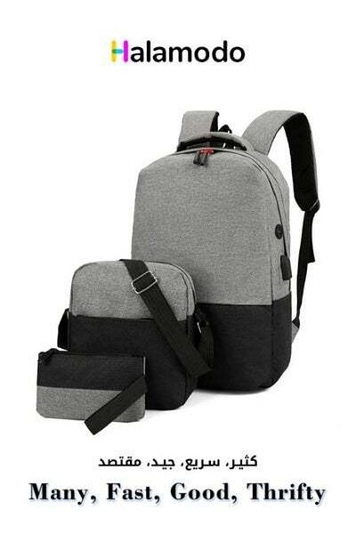 HALAMODO 3 Pieces Set of Simple Computer Bag Large Capacity Backpack with USB Charging Port Grey