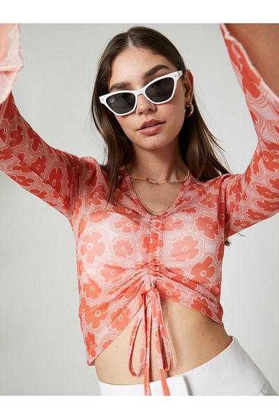 MAMAYAGA Women's Floral Print Long Sleeve Sports Crop Top Casual Bustier Blouse