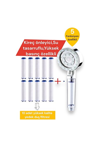 TRUVA 10 adet yedek filtreli masaj özellikli 5 fonksiyonlu duş başlığı beyaz ...