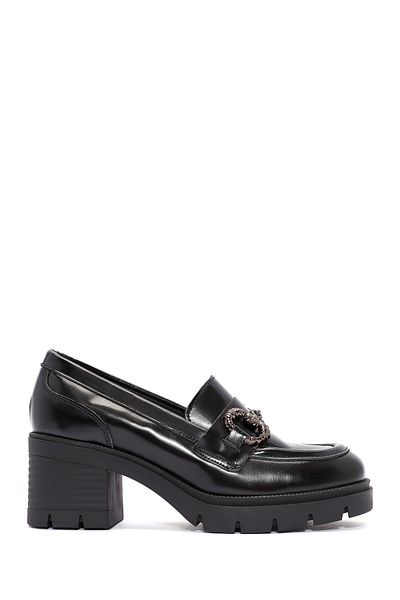 Derimod Women's Black Buckle Detailed Thick Heeled Leather Masculine Loafer 24Wfd 420722