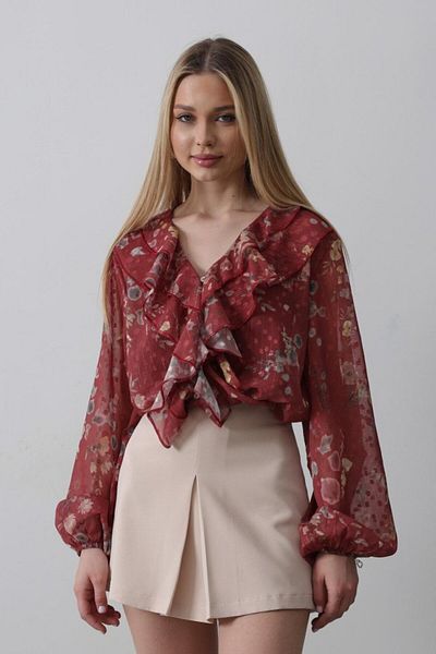 COTTONLAB Cămașă din șifon cu model de flori cu volan - Roșu Claret