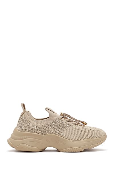 Derimod Zero Women's Beige Lace-Up Stone Detailed Fabric Sneaker 24Wfd43056F