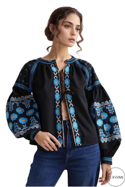 Cassime Women's Black Ethnic Patterned Balloon Sleeve Double Drawstring Jacket Blouse - Thin Jacket