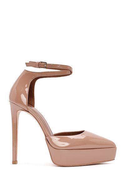 Derimod Beige Patent Leather Platform Heeled Shoes - Ankle Buckle, 24Wfd 120116