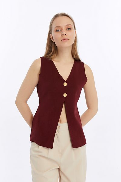 MA ananas Women's Burgundy V-Neck Double Button Vest