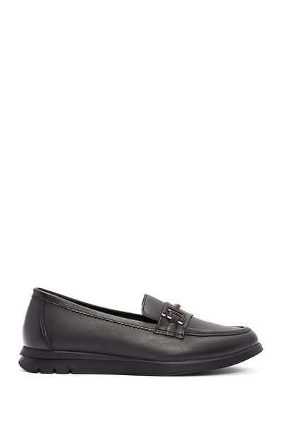 Derimod Women's Black Buckle Detailed Leather Comfort Loafer 24Wfd 153318