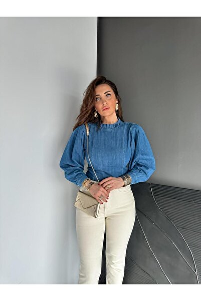 Zerrincan Giyim Mavi Balon Kol Orijinal Kot Bluz