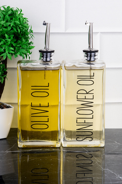 DNS HOME Set of 2 Glass Oil Pot with Silver Lid, Sunflower and Olive Oil Labeled Sauce Bowl and Vinegar Bowl 500 ml