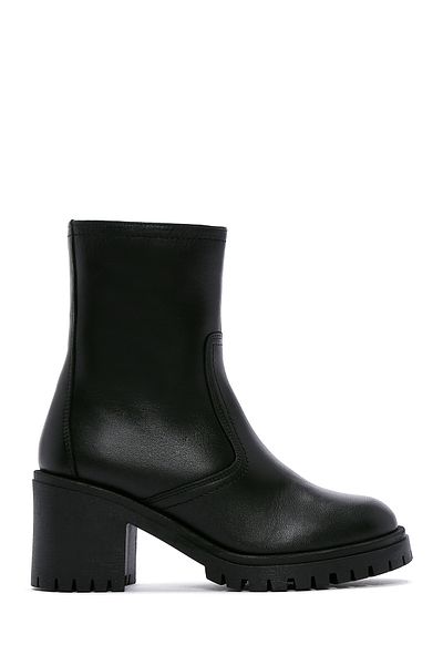 Derimod Black Thick Heeled Zippered Leather Women's Boots - 24Wfd 236118