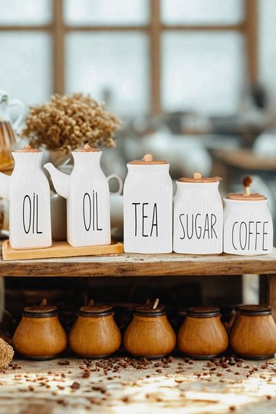 Woodcept 6 Piece Porcelain 3-Piece Sugar Tea Coffee Written Jar Set, 2-Piece Square Oil Pot Set with Wooden Stand