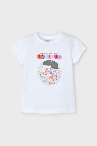 MAYORAL Kız Çocuk 3-10 Yaş Desenli Kısakol T-shirt 3014 Beyaz