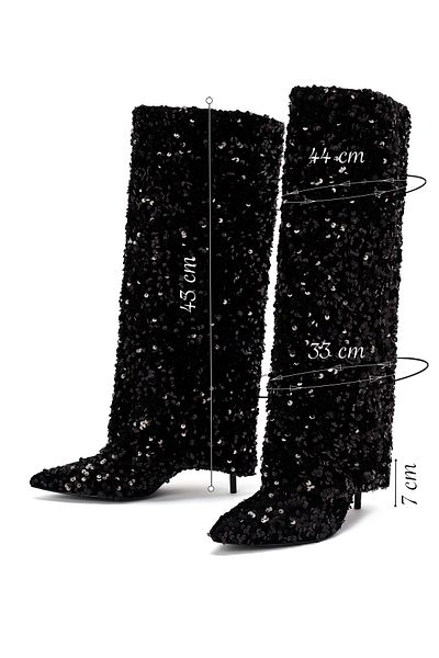 Derimod Women's Black Sequin Thin Heeled Leather Boots 24Wfd 440514