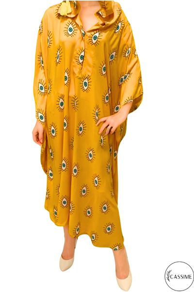 Cassime Rochie de damă, cu model ochi albaștri, lungă, cu glugă, caftan, galben închis