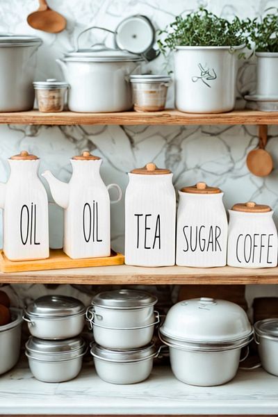 Woodcept 6 Piece Porcelain 3-Piece Sugar Tea Coffee Written Jar Set, 2-Piece Square Oil Pot Set with Wooden Stand