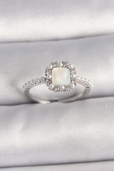 Skygo Brass Silver Color Pearl Square White Enamel Adjustable Women's Ring - Tj-Byk3568
