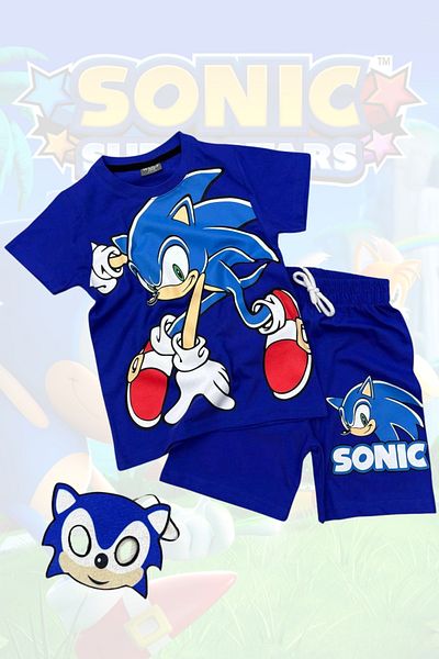 Sonic طقم أطفال باللون الأزرق مع شورت تي شيرت مطبوع وقناع سونيك