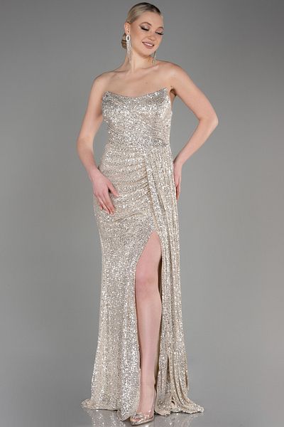 Abiyefon Strapless Mink Long Sequin Evening Dress - Leg Cut-Out ABU3134