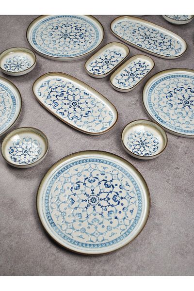 Qualitev Antique Patterned Porcelain 14 Piece Breakfast Set for 6 People