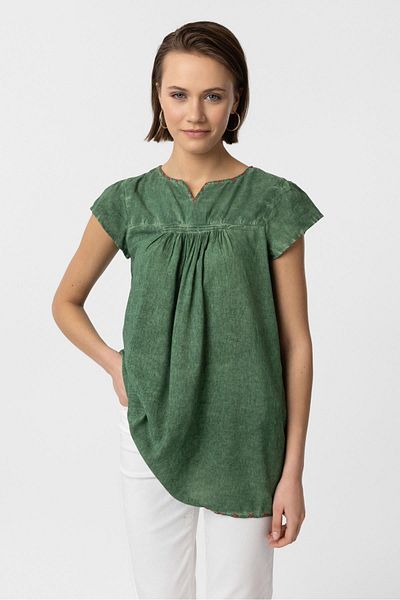 Deriderim Bluză cămașă din bumbac cu mânecă scurtă broderie verde pe spate