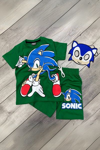 Sonic Printed T-Shirt Shorts and Sonic Mask Green Color Kids Set