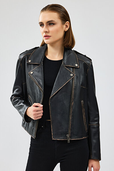 Derimod Oxford Women's Black Biker Leather Jacket 24Wgd5232Jw