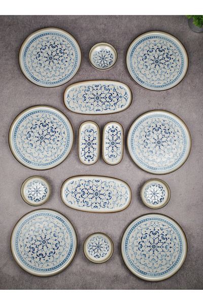 Qualitev Antique Patterned Porcelain 14 Piece Breakfast Set for 6 People