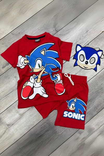 Sonic Printed T-Shirt Shorts and Sonic Mask Red Color Kids Set