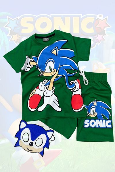 Sonic Printed T-Shirt Shorts and Sonic Mask Green Color Kids Set