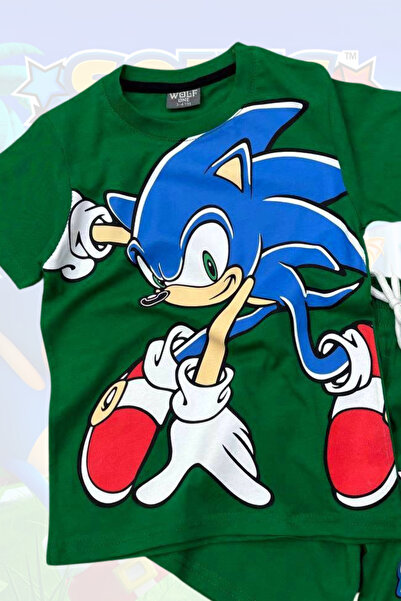 Sonic Printed T-Shirt Shorts and Sonic Mask Green Color Kids Set