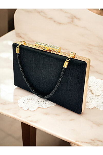 MidStore Black Stone Handle Color Non-Marking Glittery Satin Women's Evening ...