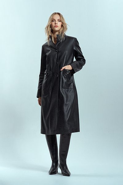 Derimod Colette Women's Black Crocodile Patterned Leather Top Coat 24Wgd5182Y8