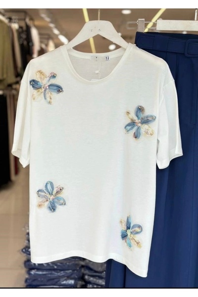 Selence تي شيرت الأورجانزا الأزرق زهرة بيضاء