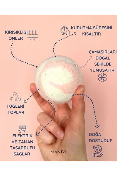 MANİVİ 100% Merino Wool Natural Felt Laundry Drying Ball XL 2 Pieces - Powder Pink & Cream