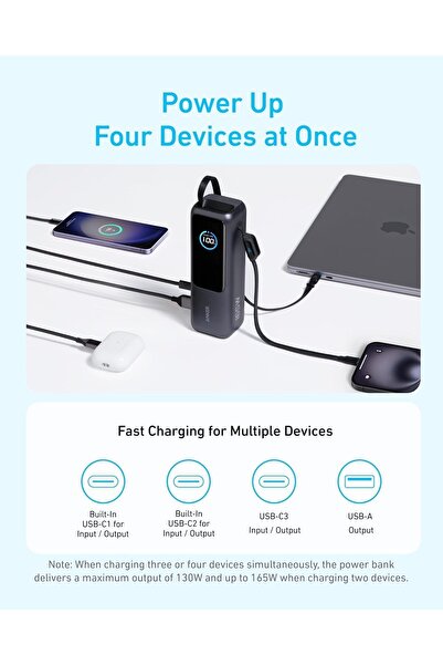 Anker انكر شاحن باور بانك فائق السرعة بسعة 25000 مللي أمبير وقوة 165 واط مع كابلات مدمجة وقابلة للطي