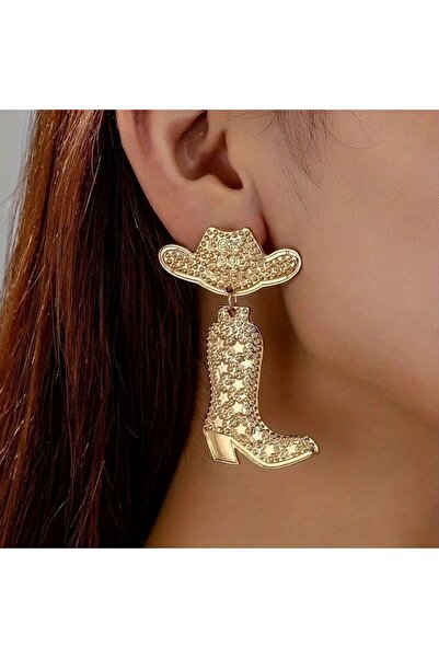 FLOWERS TAKI Batı Kovboy Çizme ve Şap Şeklinde Küpeler - Vintage Bohem Tarzı Alaşım Sallanan Kulak Takıları