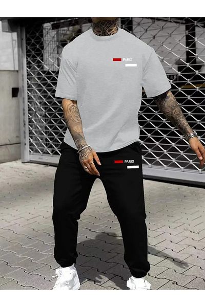 puolikuu Men's Oversize Tracksuit Suit Cizgi Paris Printed Tracksuit Suit