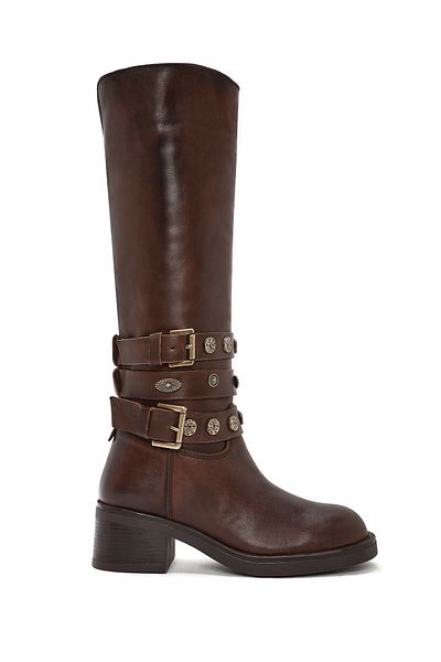 Derimod Women's Brown Thick Heeled Biker Leather Boots 24Wfd 189418