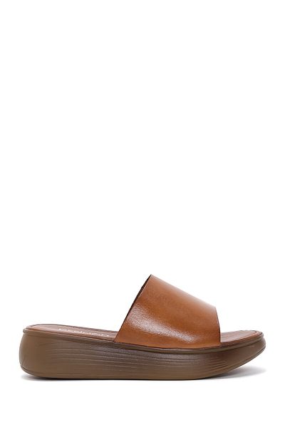 Derimod Women's Tan Thick Soled Leather Slippers 25Sfd 330318