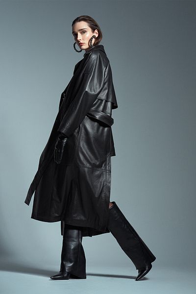 Derimod Nicole Women's Black Double Breasted Collar Long Leather Trench Coat 24Wgd5258U4