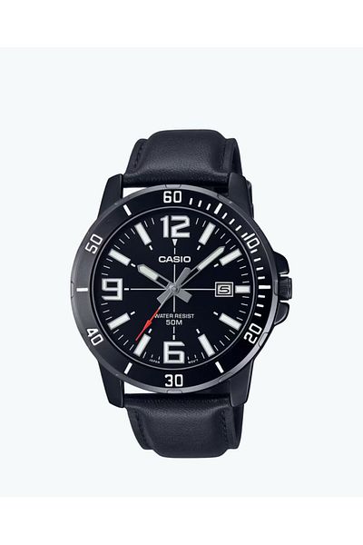 Casio Casio Men's Round Analog Leather Strap Water Resistant Watch MTP-VD01BL-1BV - 45 - Black for Men